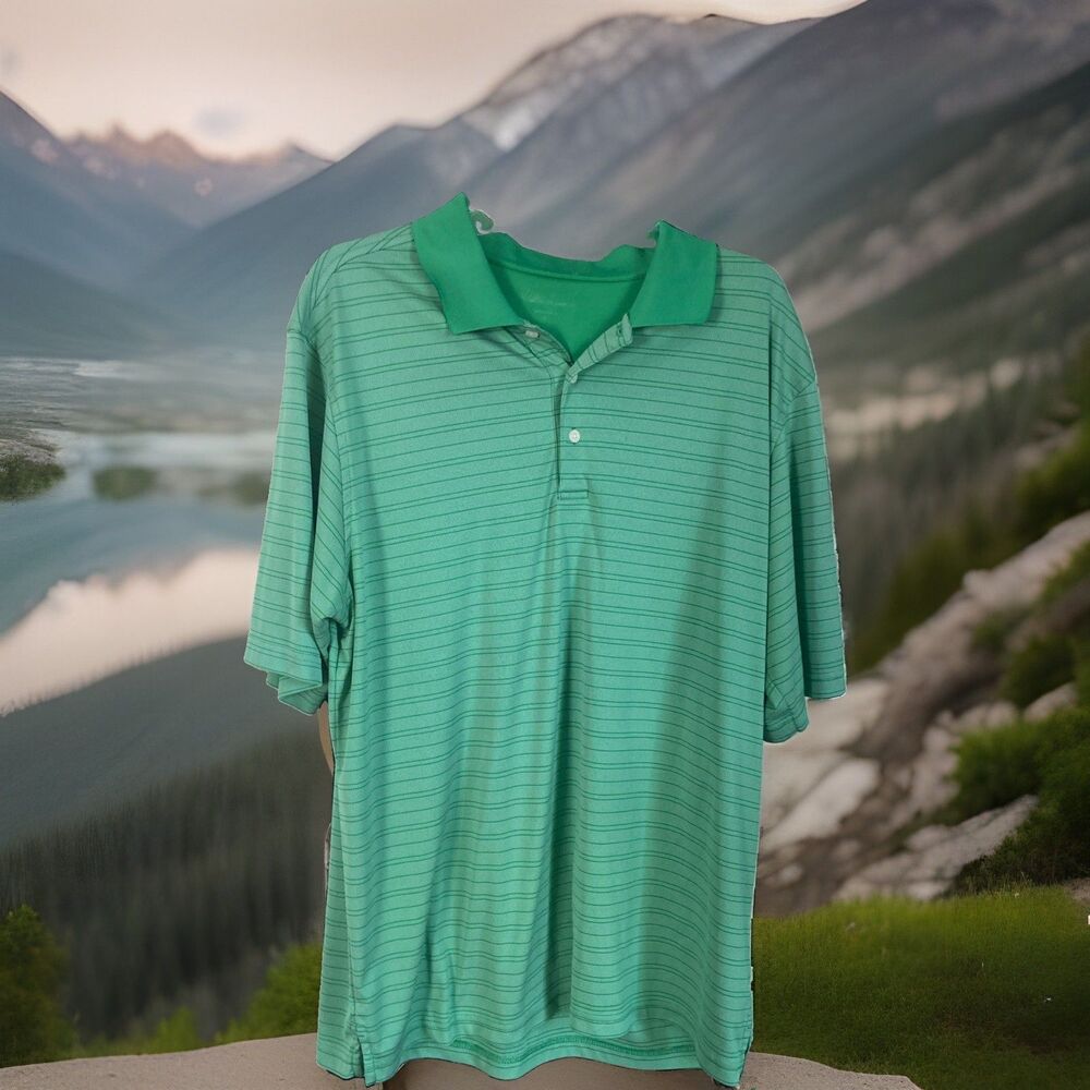 Walter Hagen Golf Polo Green Striped Stretch Logo Lightweight Large Good Cond.